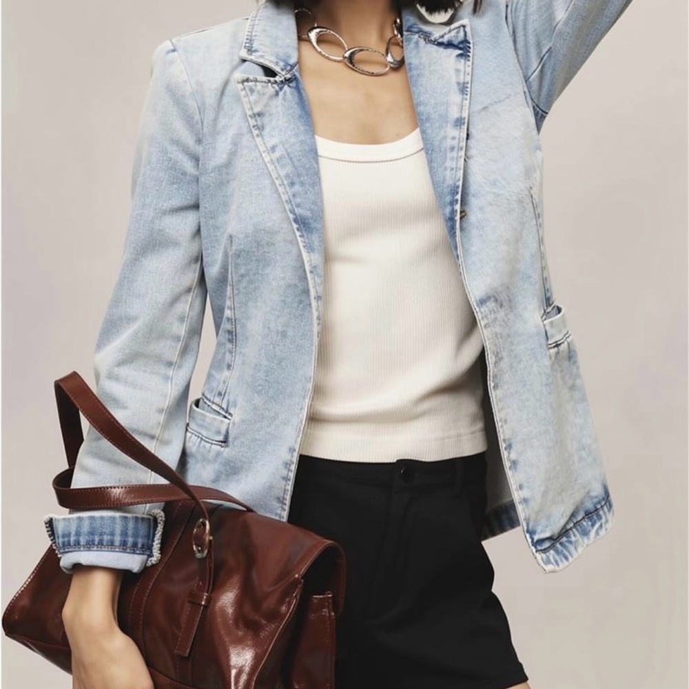 NWT Stoosh Vintage Denim Blazer Jacket – Light Wash Fitted Coat, Size M